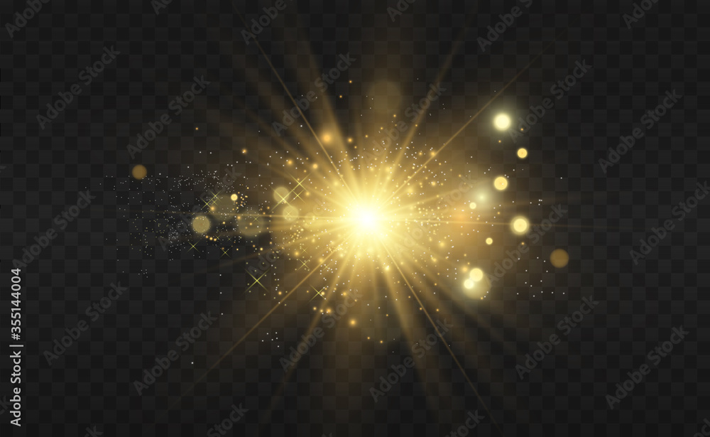 Beautiful golden vector illustration of a star on a translucent background with gold dust and glitters. A magnificent light base for your design.