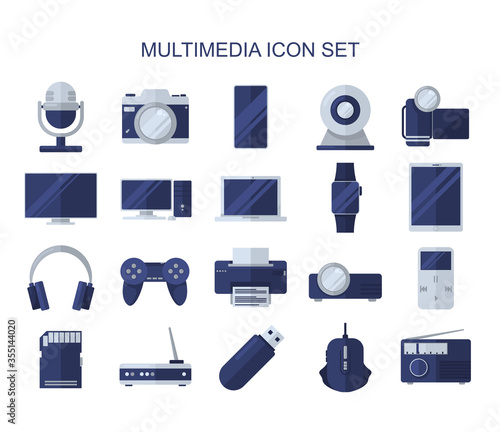 Multimedia flat icons set. Colorful illustrations of multimedia image. Vector.