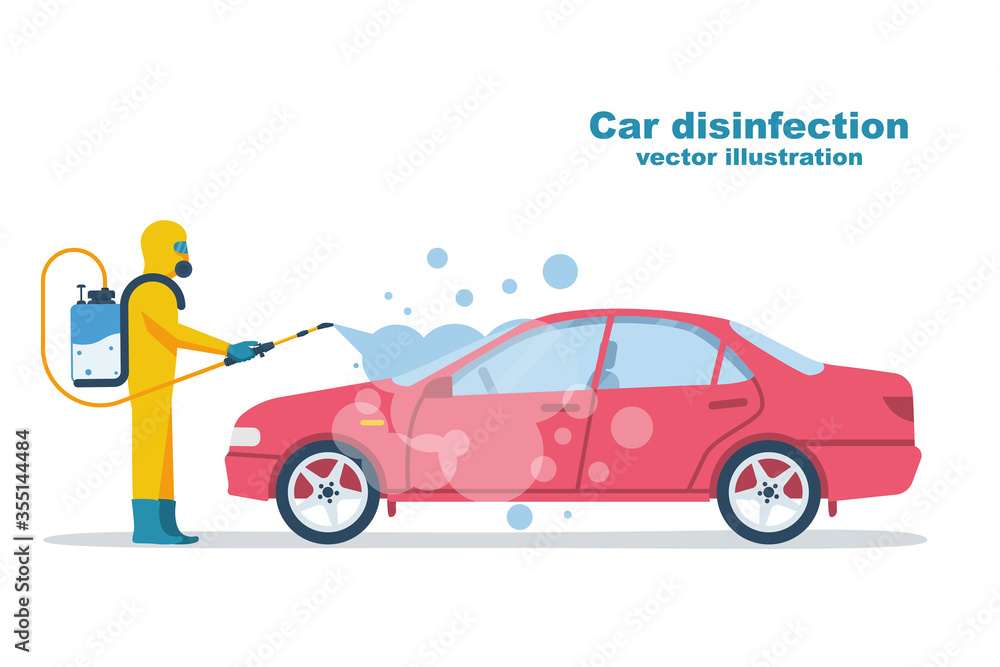 Car disinfection. Cleaning and washing vehicle. Prevention coronavirus covid-19. Man in hazmat. Spraying from bacteria. Vector illustration flat design. Clean surfaces in car with a disinfectant spray