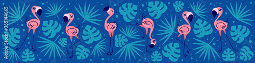 Tropical web banner with cute funny flamingos. Social media profile background. Flat vector illustration.