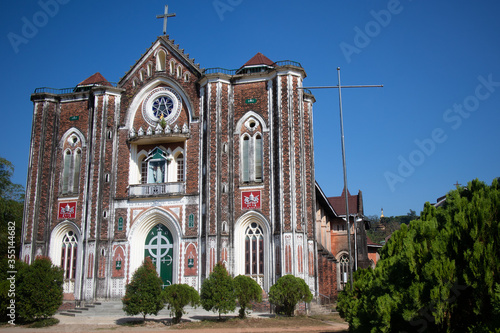 Facade of a catholic church. Colonial European heritage. Christian religion in Asia. Village of Mawlamyine  Myanmar  Burma  Southeast Asia