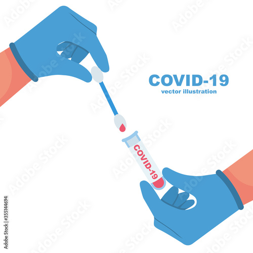 COVID-19 laboratory test in hospital lab. Doctor holds in hands nasal swab. Blood tube. Doctors research blood samples of new coronavirus. Vector illustration flat design. Isolated on white background