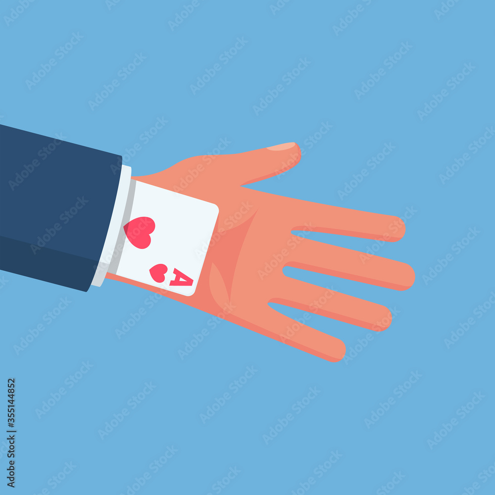 Obraz premium Ace in the sleeve. Businessman in a suit with a card up sleeve. Backup plan. Cunning and dexterity. Vector illustration flat design. Isolated on white background. Get a second card.