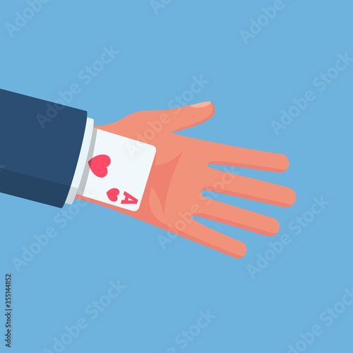 Ace in the sleeve. Businessman in a suit with a card up sleeve. Backup plan. Cunning and dexterity. Vector illustration flat design. Isolated on white background. Get a second card.