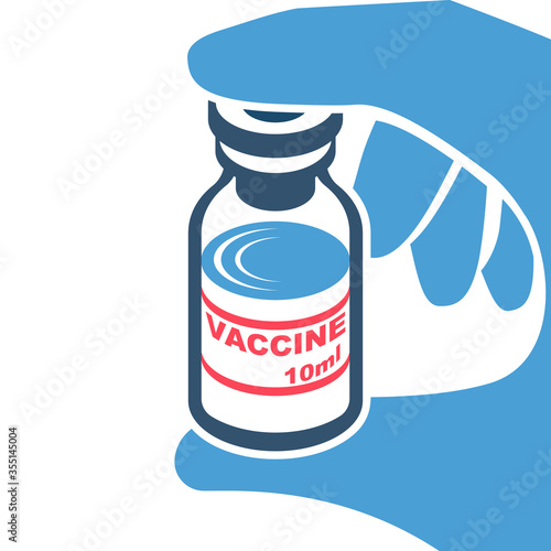 Close-up doctor hold vaccine in ampoule. Medical equipment and drugs. Injection drugs. Antidote for the flu. Vector flat design. Black icon silhouette. Template medical injection.