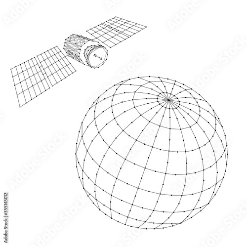 Satellite artificial is flying over the globe from abstract futuristic polygonal black lines and dots. Vector illustration.