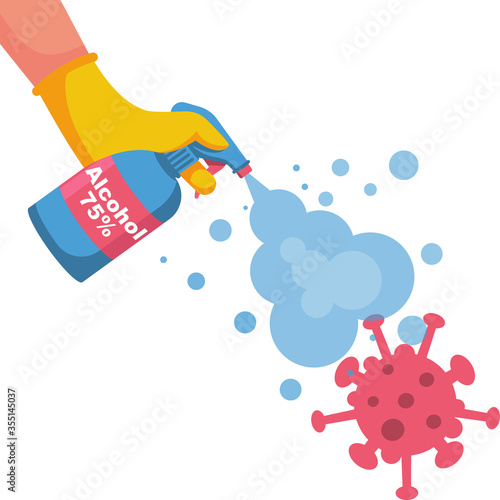 Bottle antibacterial alcohol 75 hold in hand. Destruction of bacteria. Sanitary product for personal hygiene. Prevention coronavirus covid-19. Alcohol liquid. Vector illustration, flat design.