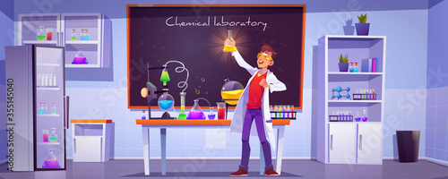 Chemical laboratory interior with scientific equipment, glass flasks, tubes and beakers, blackboard on wall. Vector cartoon illustration with chemist doing science research or medical test in lab