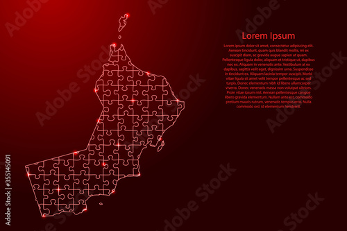 Oman map from red pattern composed puzzles and glowing space stars. Vector illustration.