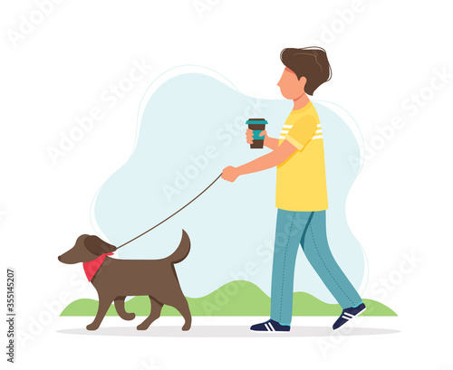 Man walking a dog with a coffee cup in spring. Cute illustration in flat style