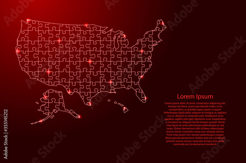 United States of America, USA map from red pattern composed puzzles and glowing space stars. Vector illustration.