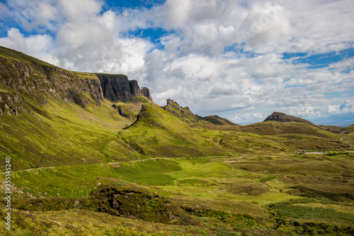 Sunny day at Quiraing, Isle of Skye at the highlands, Quiraing from far