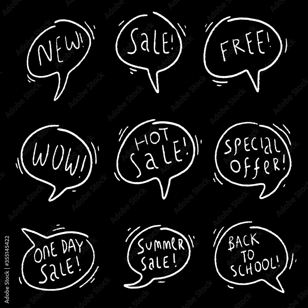 Hand-drawn doodle sketch chalk speech and sale bubbles on black background. Vector sketch illustration. Hand-drawn doodle sketch chalk speech and sale bubbles on black background. Vector sketch illustration.