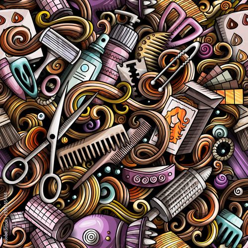 Hair Salon hand drawn doodles seamless pattern. Hairstyle background.