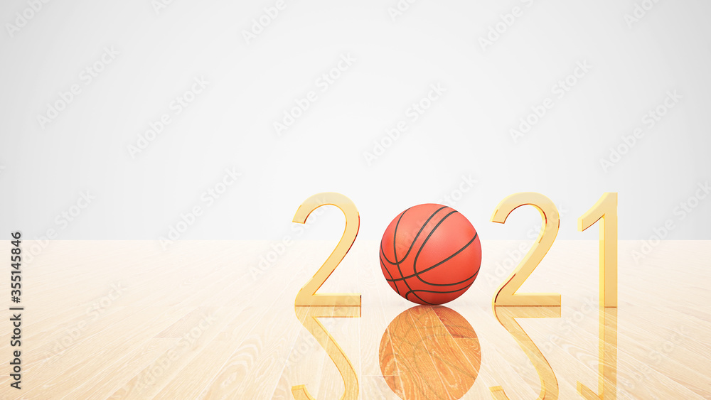 Happy new year 2021 gold on the wood floor background.3d rendering.basketball sport concept