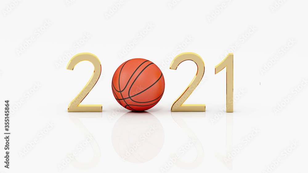 Happy new year 2021 gold on the white background.3d rendering.basketball sport concept