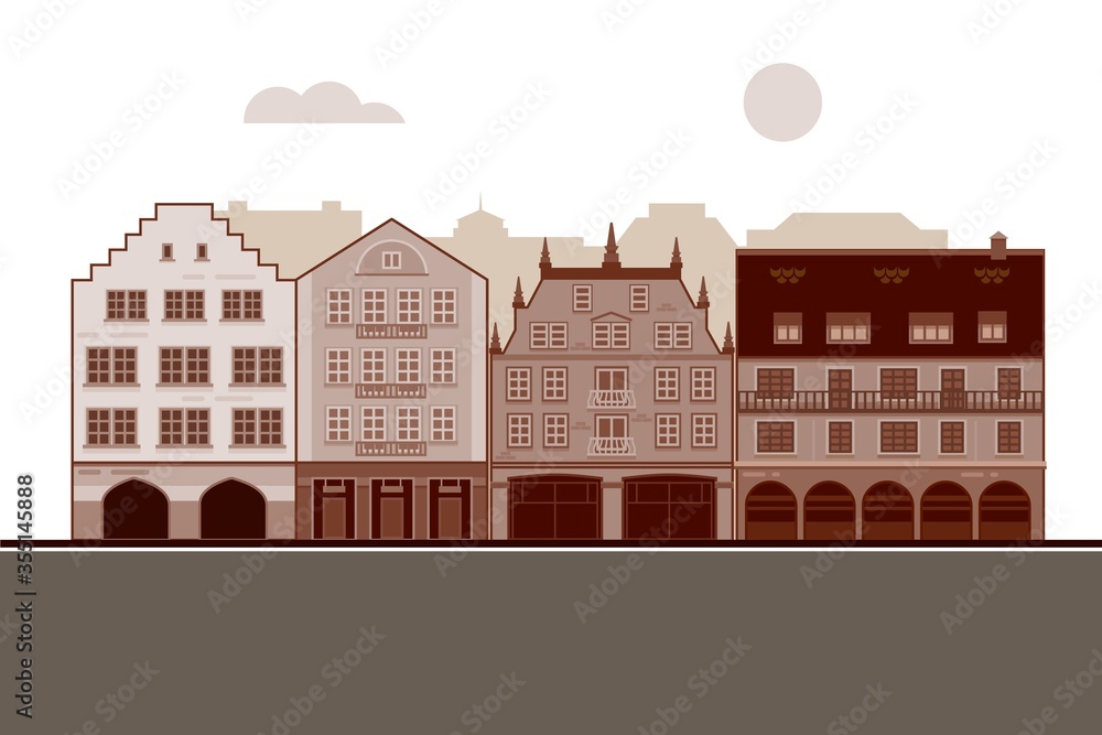 Street, houses in the old city. Flat-style architecture. Vector isolated on a white background.