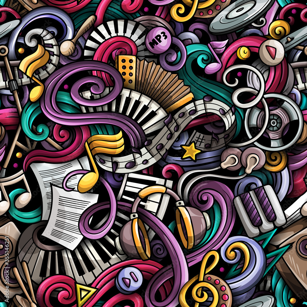 Plakat Music hand drawn doodles seamless pattern. Musical instruments background. Cartoon fabric print design. Colorful vector art illustration