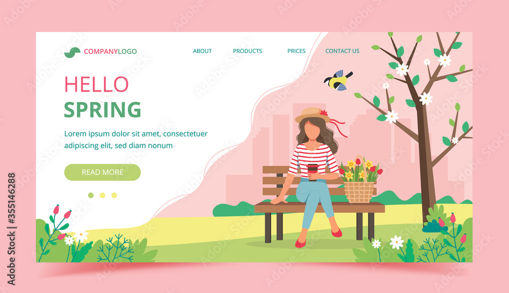 Naklejka premium Woman sitting on the bench with spring flowers in basket. Landing page template. Cute illustration in flat style.