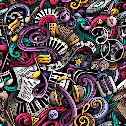 Music hand drawn doodles seamless pattern. Musical instruments background. Cartoon fabric print design. Colorful vector art illustration