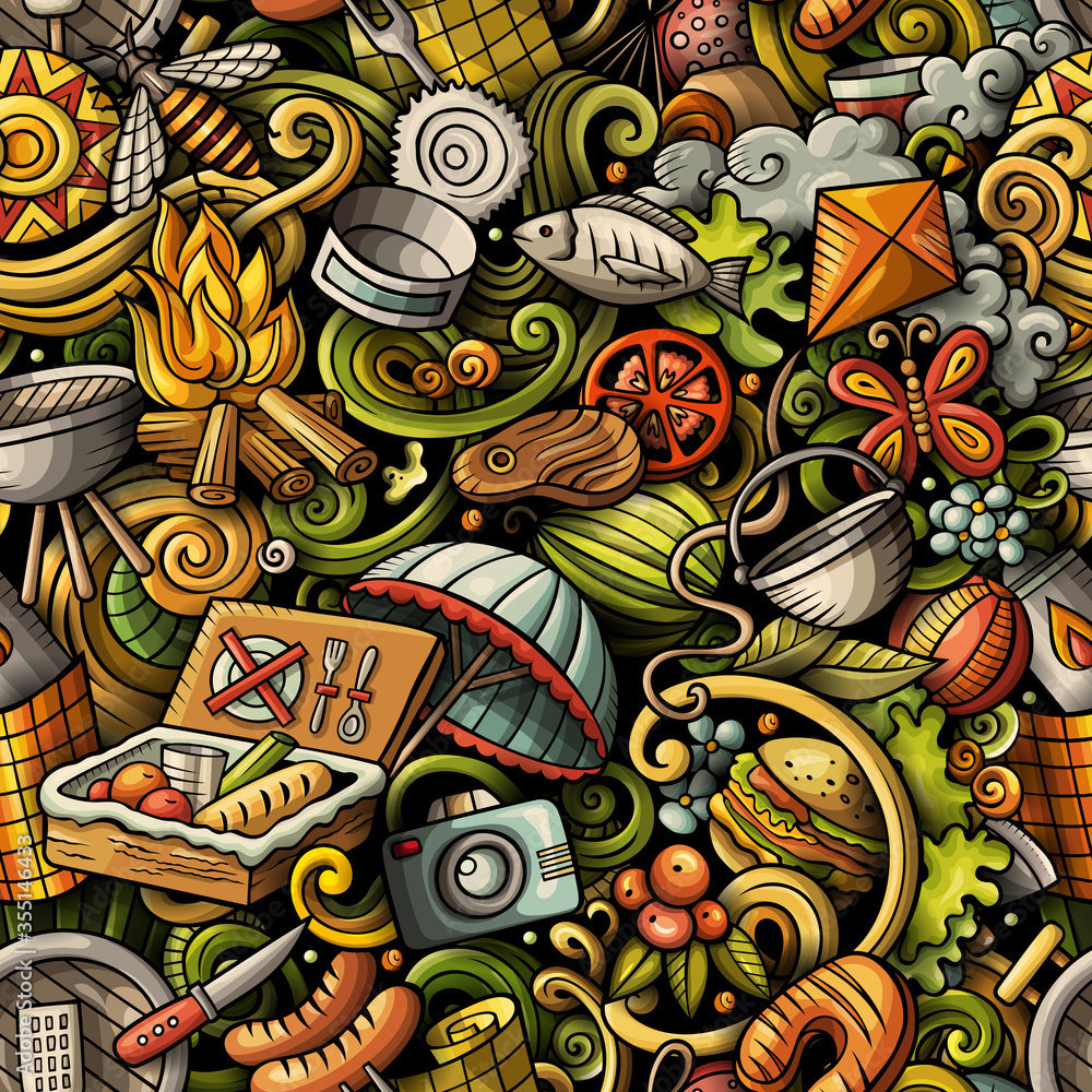 Fototapeta premium Picnic hand drawn doodles seamless pattern. BBQ background.
