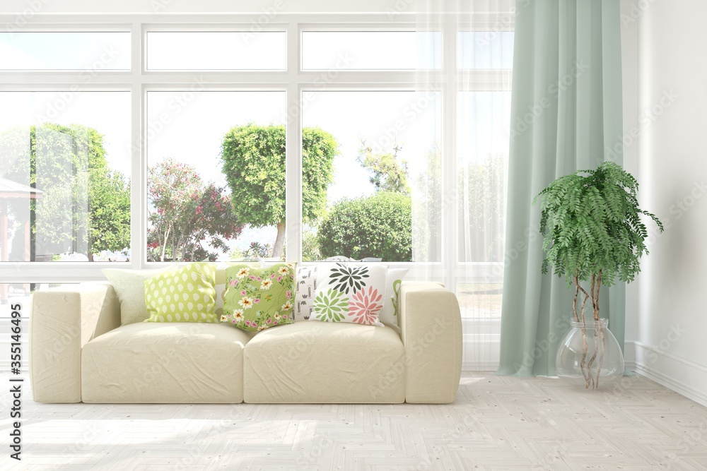 White stylish minimalist room with sofa and summer landscape in window. Scandinavian interior design. 3D illustration White stylish minimalist room with sofa and summer landscape in window. Scandinavian interior design. 3D illustration