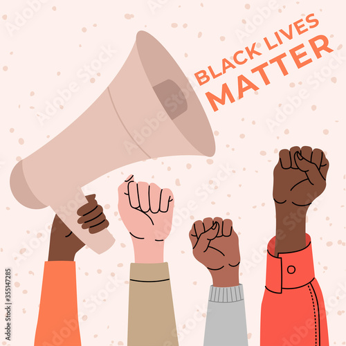 Black lives matter, crowd of people protesting for their rights. Holding megaphone in hands, no racism banner. Vector illustration in flat cartoon style on isolated background. 