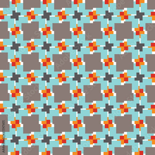 Seamless pattern texture vector background with geometric shapes, colored in brown, red, orange, blue, grey, white colors.