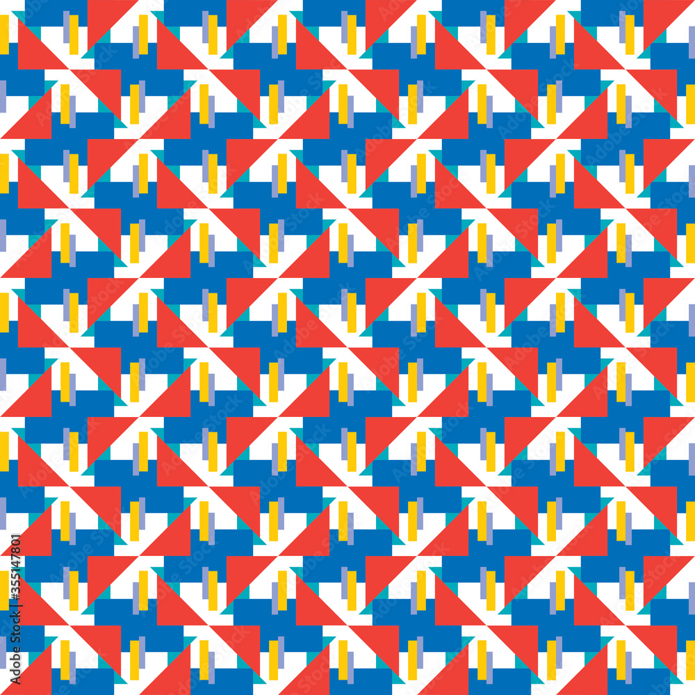 Seamless pattern texture vector background with geometric shapes, colored in blue, yellow, red, white colors.