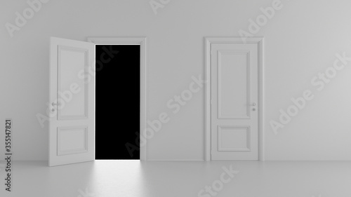 3d render open door in a bright room on a black background