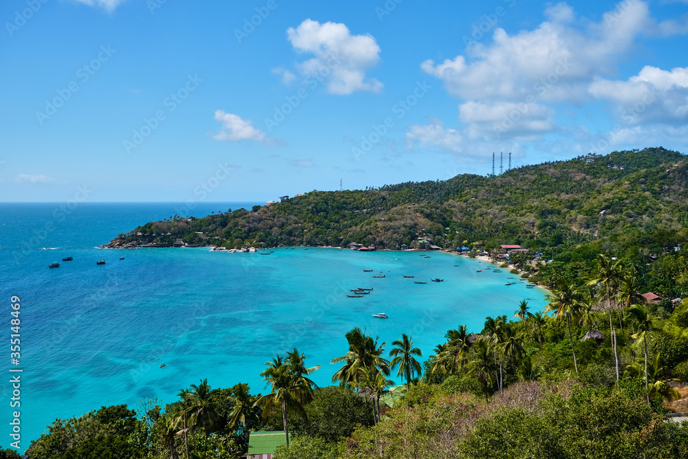Panorama of the beautiful landscape at Koh Tao with the turquoise ocean and the green palm trees at Koh Tao, Thailand