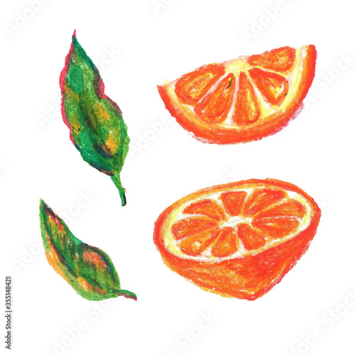 Elements of fruit oranges in a cut and leaves drawn by oil pastel for design and decoration. Half an orange and a slice of orange with green leaves