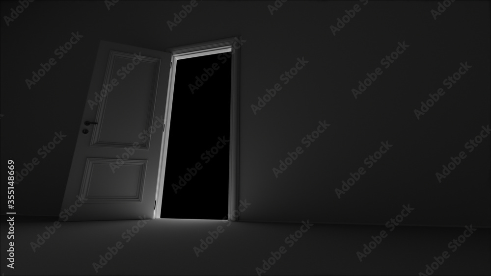 3d render open door in dark room on a black background 3d render open door in dark room on a black background
