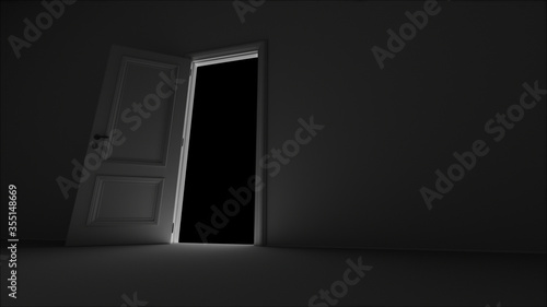 3d render open door in dark room on a black background