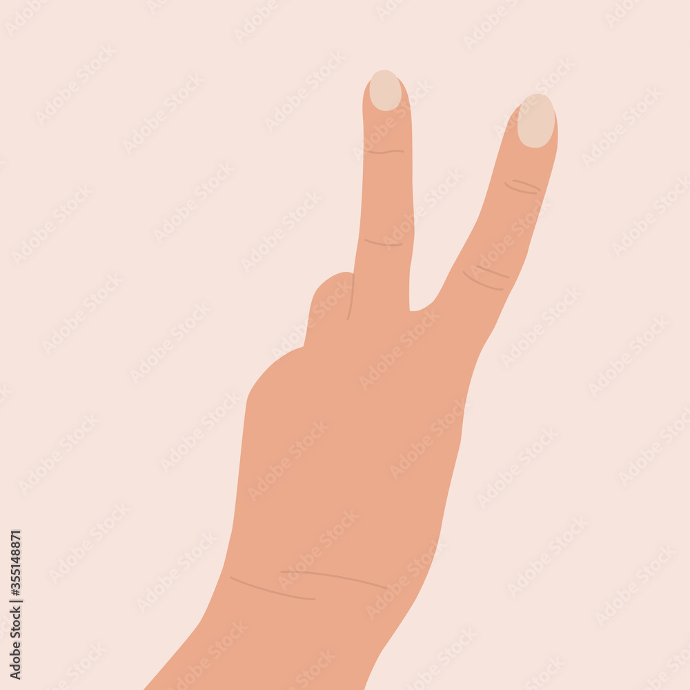 Gesture peace. Hand raised up. Two fingers show the letter v. Back of the hand. Symbol, victory icon. Flat cartoon vector illustration. Female hand showing victory sign Stock Vector | Adobe Stock Gesture peace. Hand raised up. Two fingers show the letter v. Back of the hand. Symbol, victory icon. Flat cartoon vector illustration. Female hand showing victory sign Stock Vector | Adobe Stock