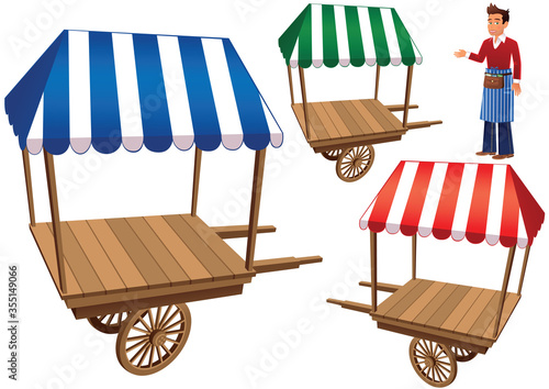 Empty market stalls with trader