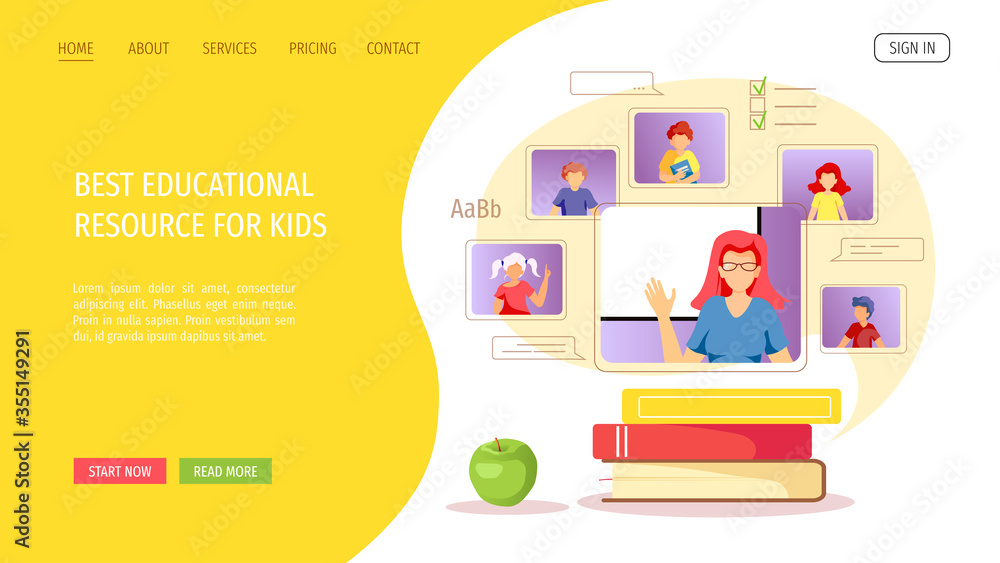 Website design for Online Education, Distance learning, Communication, Teaching, Study, School. Teacher and kids studying by internet. Vector illustration for poster, banner, presentation, flyer. Website design for Online Education, Distance learning, Communication, Teaching, Study, School. Teacher and kids studying by internet. Vector illustration for poster, banner, presentation, flyer.