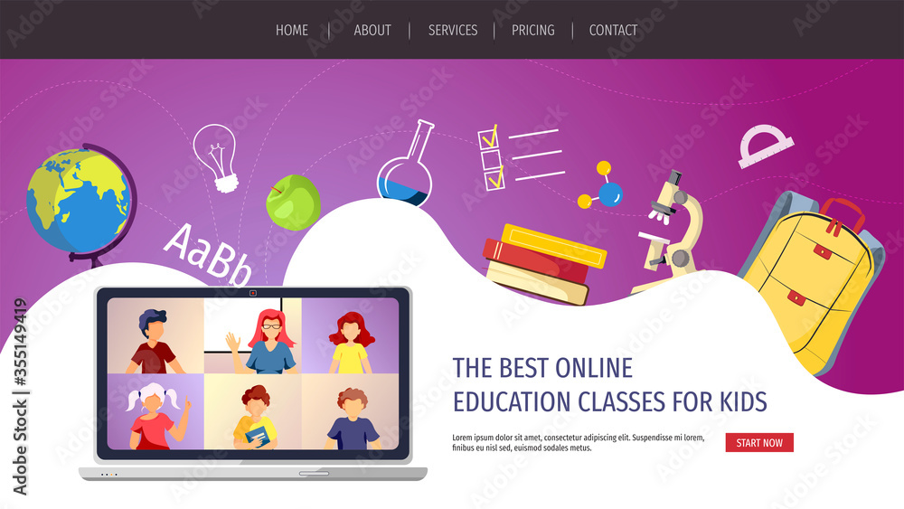 Website design for Online Education, Distance learning, Communication, Teaching, Study, School. Teacher and kids studying by internet. Vector illustration for poster, banner, presentation, flyer. Website design for Online Education, Distance learning, Communication, Teaching, Study, School. Teacher and kids studying by internet. Vector illustration for poster, banner, presentation, flyer.