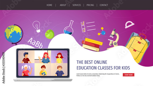 Website design for Online Education, Distance learning, Communication, Teaching, Study, School. Teacher and kids studying by internet. Vector illustration for poster, banner, presentation, flyer.