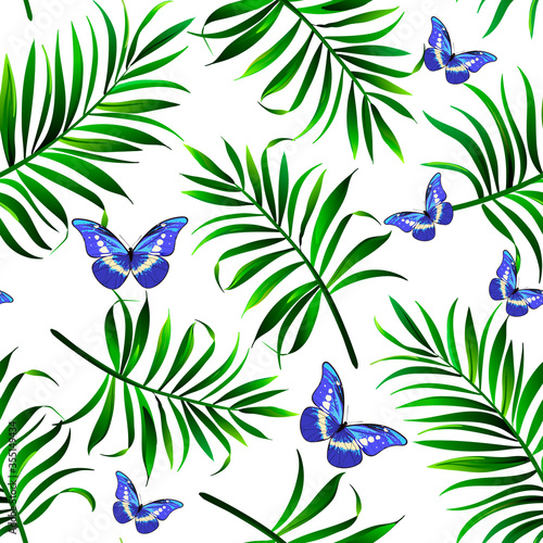 Seamless topical vector pattern with palm leaves and butterfly. Botanical illustration for print design.