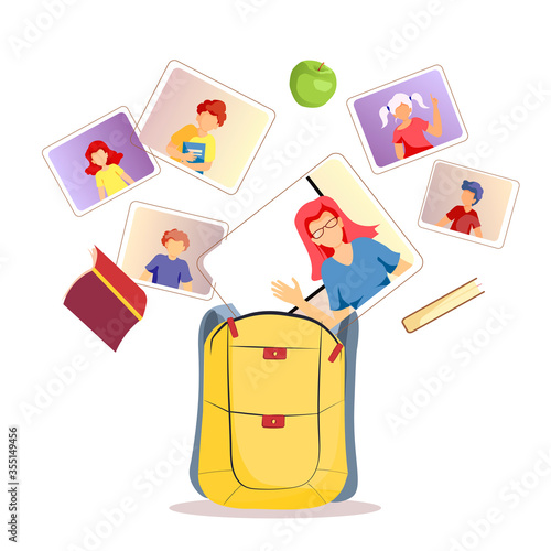 Backpack and teacher with kids studying by internet. Online Education, Distance learning, Teaching, Study, School concept. Vector illustration for poster, banner, presentation, flyer.