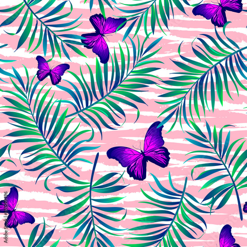 Seamless topical vector pattern with palm leaves and butterfly. Botanical illustration for print design.