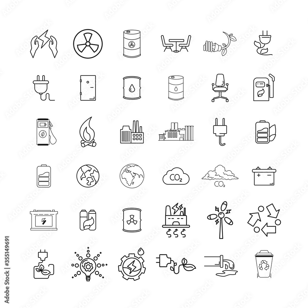 Eco line icon set with, chemical waste, nuclear pollution, battery, global warming, factory, alternative energy, energy saving bulb Eco line icon set with, chemical waste, nuclear pollution, battery, global warming, factory, alternative energy, energy saving bulb