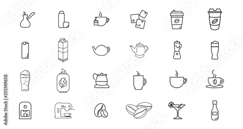 drinks line icon set, with beer, coffee, milk box, soda, energy drink, cup of coffee, kettle, tea