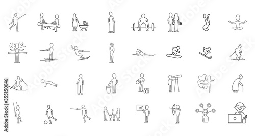 people character line icon set with doctor. cyclotourism. fireman, people, gymnastics. police