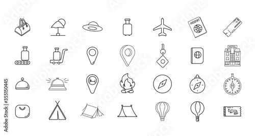 Traveling and transport line icon set with hotel, compass, maps, reception call, plane ticket, boarding pass, camping tent, hot air balloon
