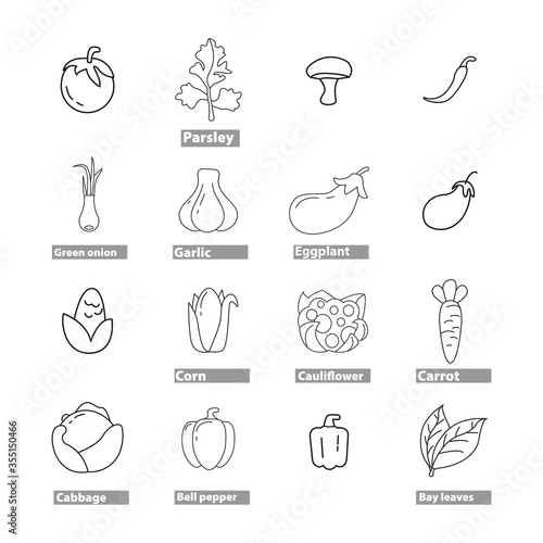 vegetables line icon set with cucumber, garlic, bay leaves, eggplant, green peas, bell pepper, chili pepper, onion, parsley, tomato