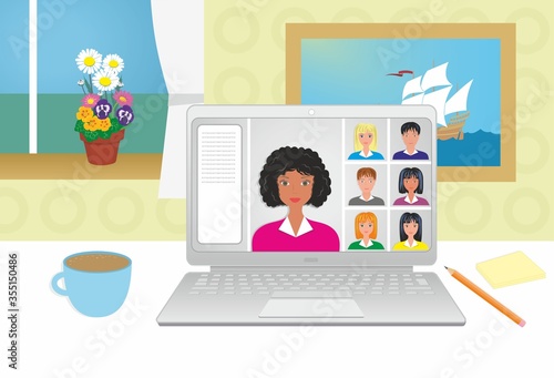 Working at home, study at home, conference meeting. Concept with different looking people on screen. You find more alternatives in my portfolio. Vector illustration, EPS10.