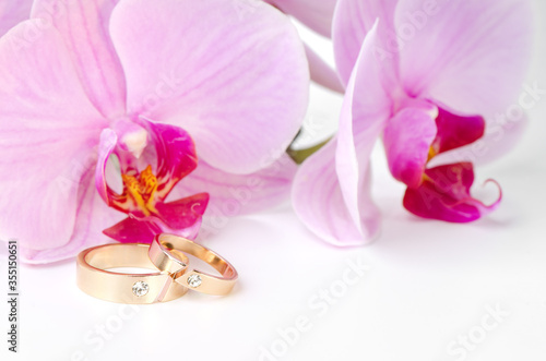 Close-up of wedding rings on background of orchids