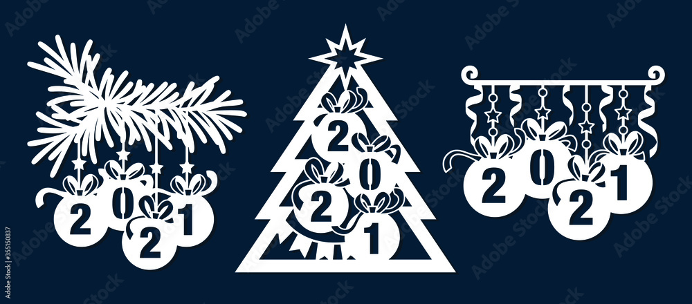 Laser cutting template. Christmas tree, hanging Christmas balls with number  2021, bow and ribbon. Xmas decoration for window. Paper cut out vector  illustration. Happy New Year silhouette design. Stock Vector | Adobe Stock